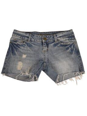 Vintage Y2K American Eagle Jean Shorts Blue Distressed Raw Low Rise Size 4